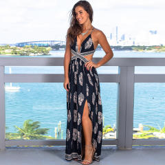Blue Ethnic Printing Bohemia Dress Summer Maxi Dresses Women PQLQ123A