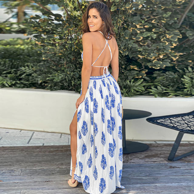 Blue Ethnic Printing Bohemia Dress Summer Maxi Dresses Women PQLQ123A