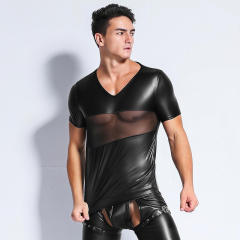 Sexy PVC Vest Mesh Club Wear For Men Faux Leather Tops PQ6738