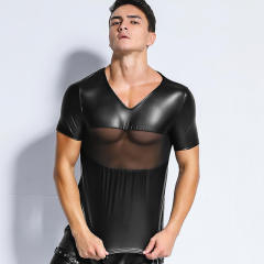 Sexy PVC Vest Mesh Club Wear For Men Faux Leather Tops PQ6738