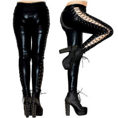 Sexy High Waist Leather Trousers Lace-up PU Pants Women PQ6609