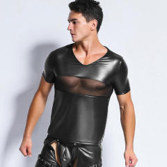 Sexy PVC Vest Mesh Club Wear For Men Faux Leather Tops PQ6738