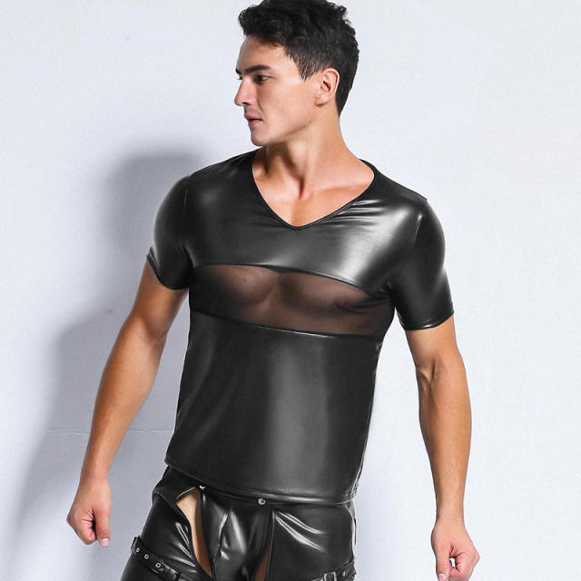 Sexy PVC Vest Mesh Club Wear For Men Faux Leather Tops PQ6738