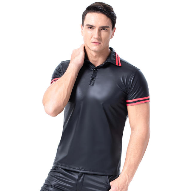 PVC Polo Shirts For Men Faux Leather Tops Night Club Wear PQ6030