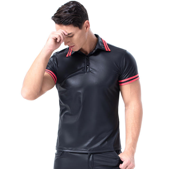 PVC Polo Shirts For Men Faux Leather Tops Night Club Wear PQ6030