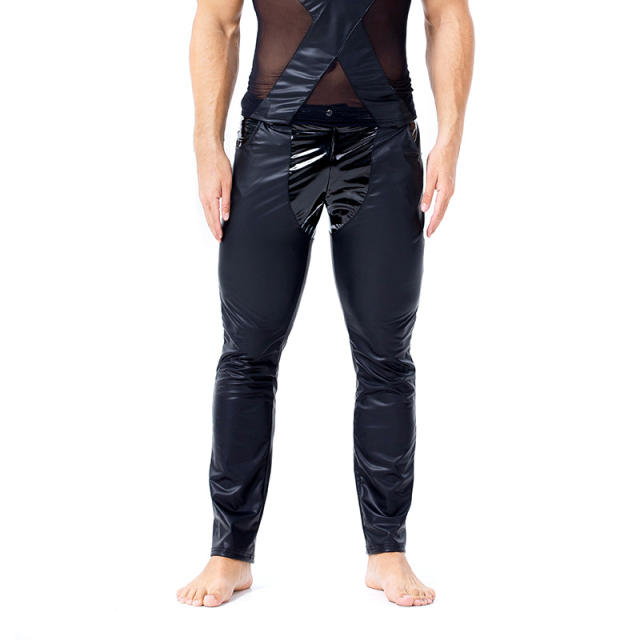 Men Sexy Faux Leather Pants Patchwork Skinny PU Trousers PQX6028