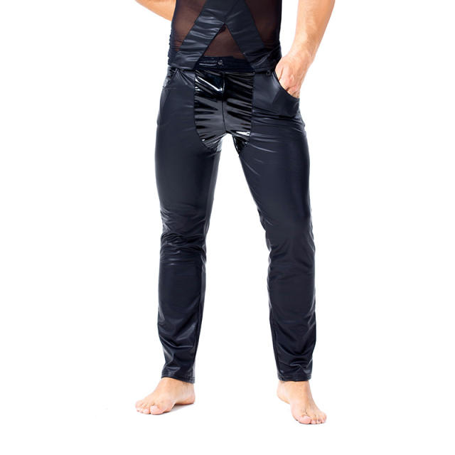 Men Sexy Faux Leather Pants Patchwork Skinny PU Trousers PQX6028