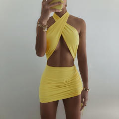 Coffee Sexy Halter Mini Dresses Women Fashion Club Dress PQ1251B