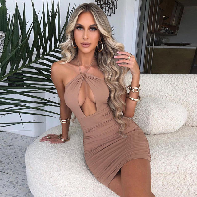 Green Sexy Sleeveless Mini Dresses Women Halter Club Dress PQ4151C
