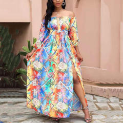 Blue Ethnic Print Bohemia Dress Summer Maxi Dresses Women PQ88D