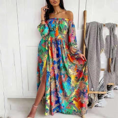 Blue Ethnic Print Bohemia Dress Summer Maxi Dresses Women PQ88D