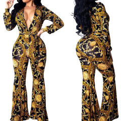 Sexy Ethnic Print Jumpsuit for Women Deep V-neck Night Clubwear PQ9928
