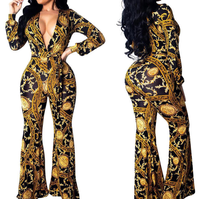Sexy Ethnic Print Jumpsuit for Women Deep V-neck Night Clubwear PQ9928