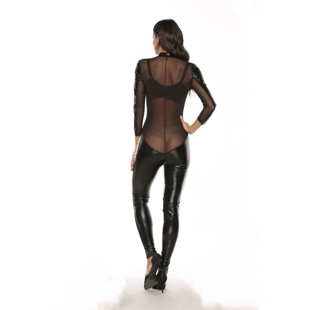 Faux Leather Catsuit Women Mesh Patchwork PVC Jumpsuit PQ2125