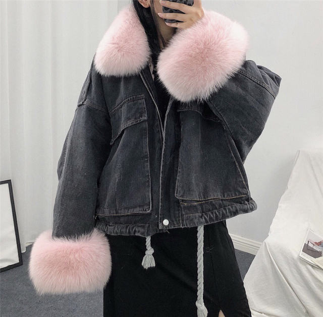 Black Fashion Winter Fur Jeans Jackets Denim Coat for Women PQW003B