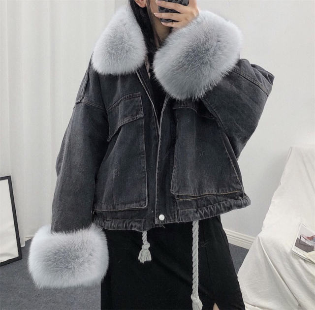 Black Faux Fur Coat for Women Fashion Winter Fur Jeans Jackets PQW003B