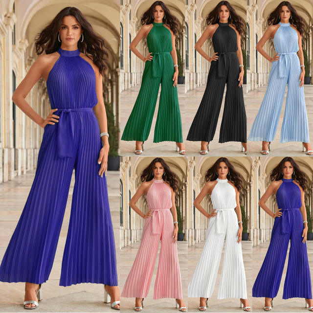 Blue Wide Leg Pants High Waist Pleated Jumpsuit Women PQLQ268B