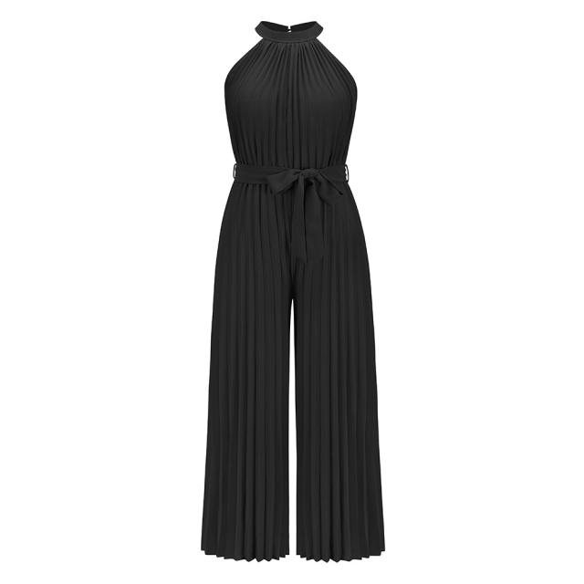 Blue Wide Leg Pants High Waist Pleated Jumpsuit Women PQLQ268B