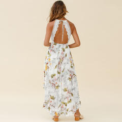 White Floral Print Boho Dress Summer Maxi Dresses Women PQLQ261A