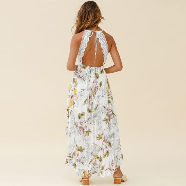 White Floral Print Boho Dress Summer Maxi Dresses Women PQLQ261A