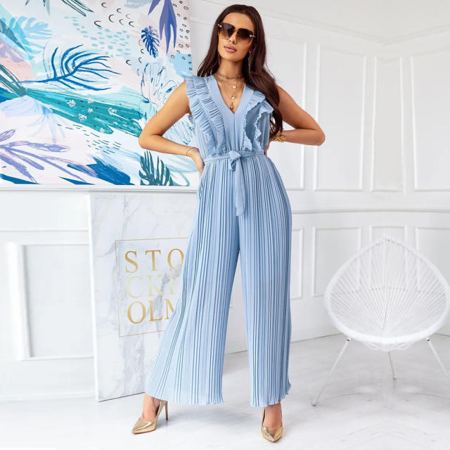Light Blue High Waist Pleated Jumpsuit Women Wide Leg Pants PQLQ281A