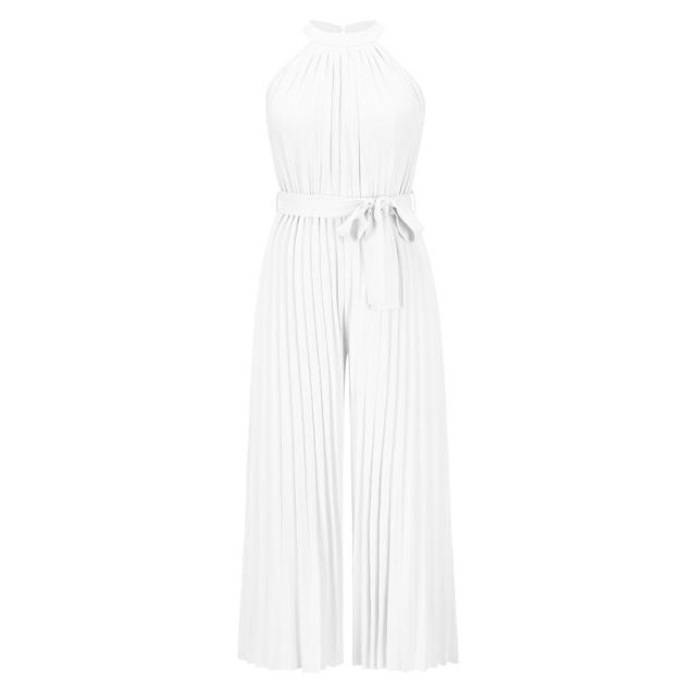 Blue Wide Leg Pants High Waist Pleated Jumpsuit Women PQLQ268B