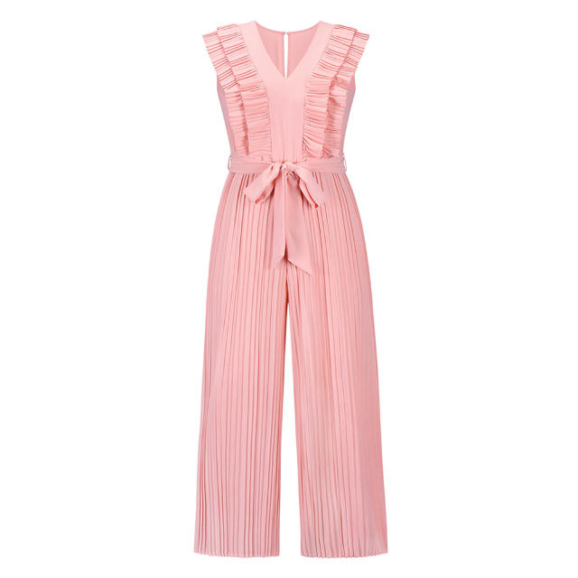 Green High Waist Pleated Jumpsuit Women Wide Leg Pants PQLQ281B