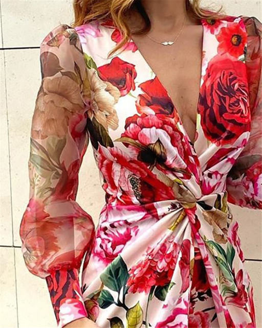 Red Floral Print Mini Dress Women Sexy V-neck Club Dresses PQ0303A