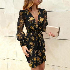 Red Floral Print Mini Dress Women Sexy V-neck Club Dresses PQ0303A