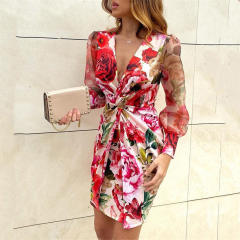 Red Floral Print Mini Dress Women Sexy V-neck Club Dresses PQ0303A