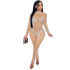 Black Rhinestone Jumpsuit High Waist Skinny Pants Women PQ0218
