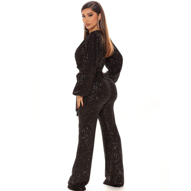 Black Sequin Jumpsuit High Waist Skinny Pants Women PQ8794A