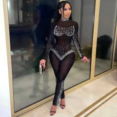 Black Rhinestone Jumpsuit High Waist Skinny Pants Women PQ0218