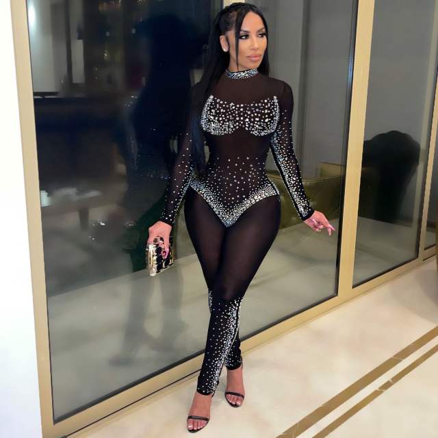 Black Rhinestone Jumpsuit High Waist Skinny Pants Women PQ0218