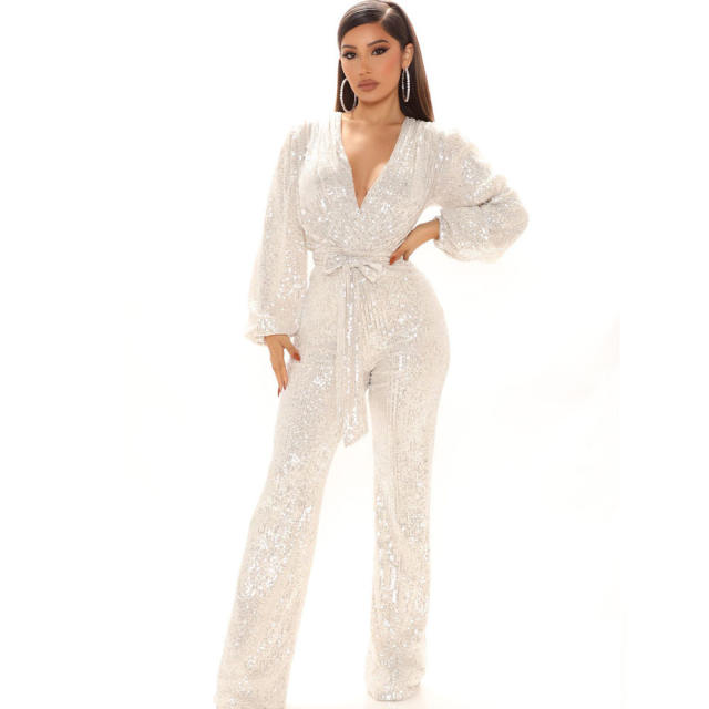 Pink Sequin Jumpsuit High Waist Skinny Pants Women PQ8794C