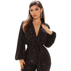 Black Sequin Jumpsuit High Waist Skinny Pants Women PQ8794A