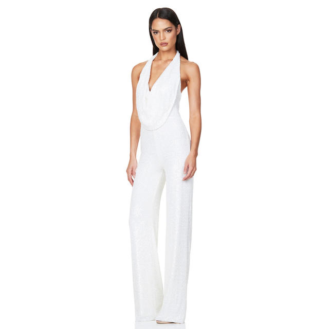 Sexy Sequin Jumpsuit High Waist V-neck Rompers Women PQ9104