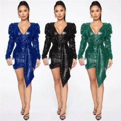 Black Sequin Mini Dresses Women Long Sleeve Sexy Club Dress PQ1127A