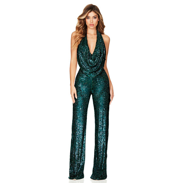 Sexy Sequin Jumpsuit High Waist V-neck Rompers Women PQ9104