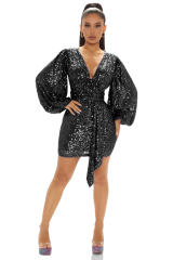 Women Long Sleeve Sexy Club Dress Sequin Mini Dresses PQ1114