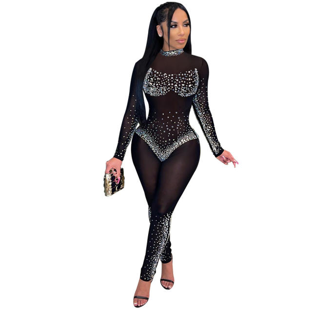 Black Rhinestone Jumpsuit High Waist Skinny Pants Women PQ0218
