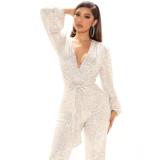White Sequin Jumpsuit High Waist Skinny Pants Women PQ8794B