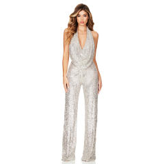 Sexy Sequin Jumpsuit High Waist V-neck Rompers Women PQ9104