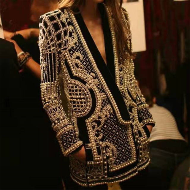 Women Pearl Jacket Long Sleeve Pearl Blazer Fashion Coat For PQ8888