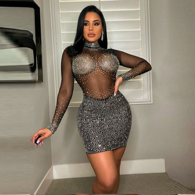 Women Mesh Sexy Club Dress Sequin Mini Dresses PQ8969