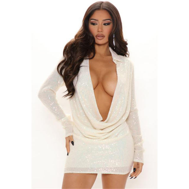 V-neck Sequin Mini Dresses Women Sexy Club Dress PQ1122
