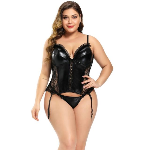 Black Plus Size PVC Corset Women Faux Leather Bustier PQ2357