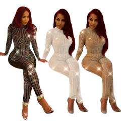 Beige Sexy Rhinestone Jumpsuit High Waist Wholesale Bodystockings Women PQ034B