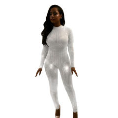 Beige Sexy Rhinestone Jumpsuit High Waist Wholesale Bodystockings Women PQ034B
