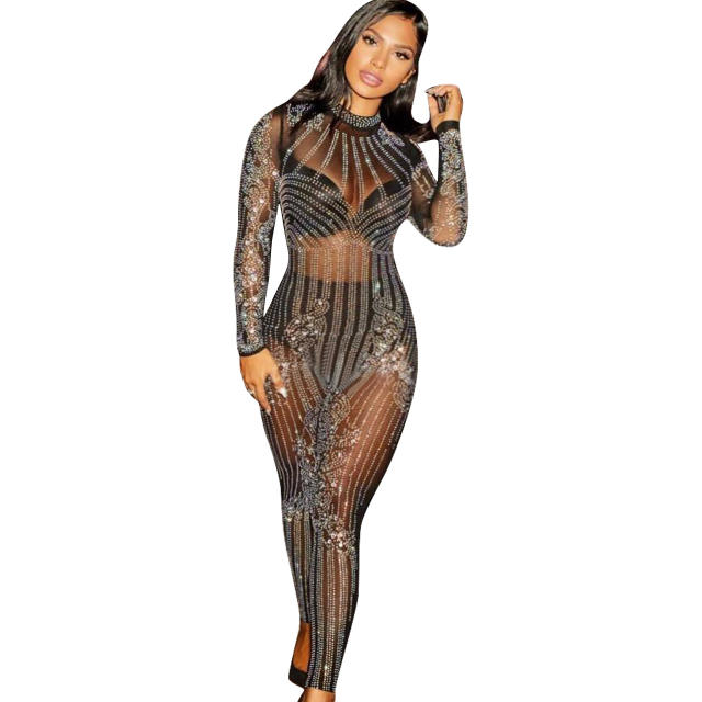 Beige Sexy Rhinestone Jumpsuit High Waist Wholesale Bodystockings Women PQ034B